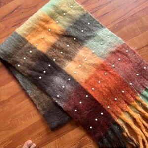 NWOT CG Couture Gems Plaid Multicolor Scarf with Fringe and Pearls